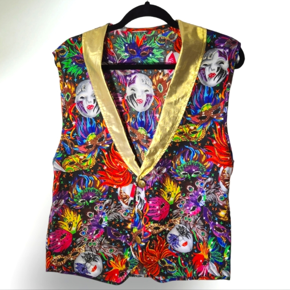 Mardi Gras handmade vest fits like a Large w/ hard plastic glitter mask